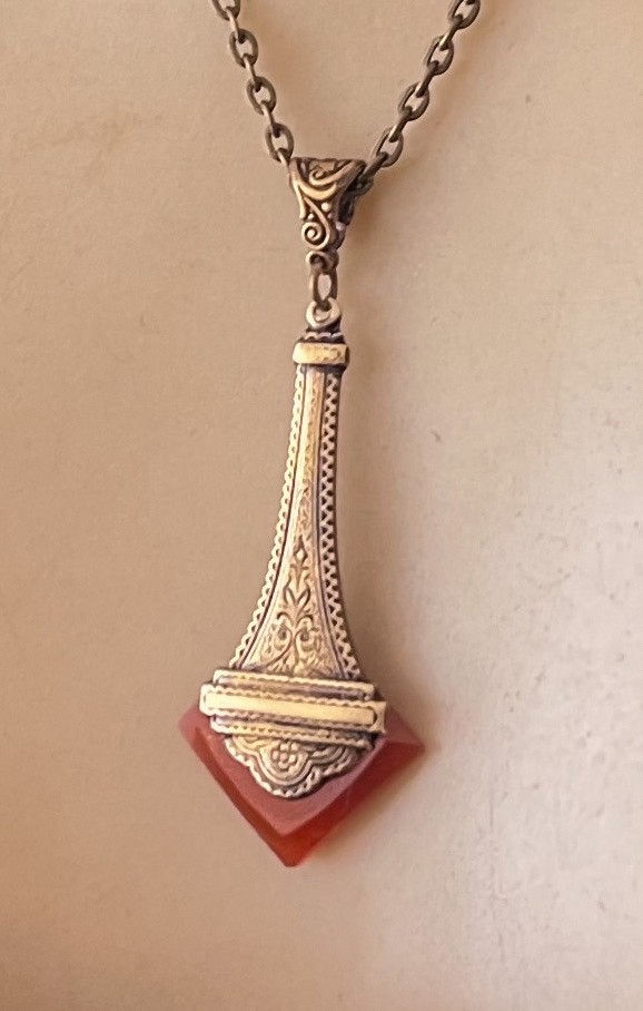 Vintage Necklace Art Deco Brass Pendant W/ Antique Red Carnelian Czech Glass