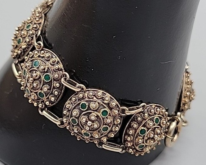 Antique Dutch 833 Silver Filigree Bracelet Green Glass Art Deco S-Hertogenbosch