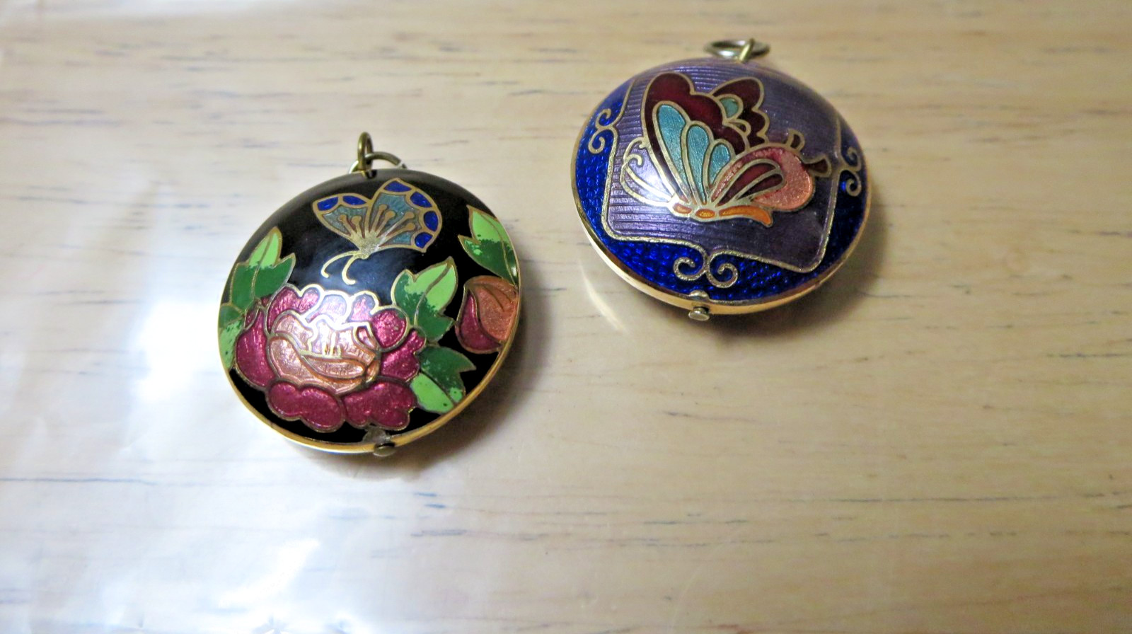 Vintage Cloisonne Flower & Butterfly Superb Pendants Gold Fill Lining Enamel GT