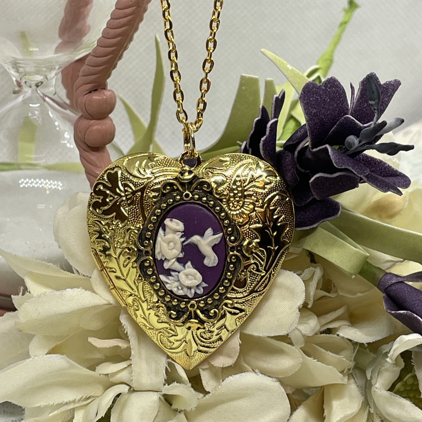 Gold Heart Locket Photo Birthday Anniversary Wedding Hummingbird Bird Necklace