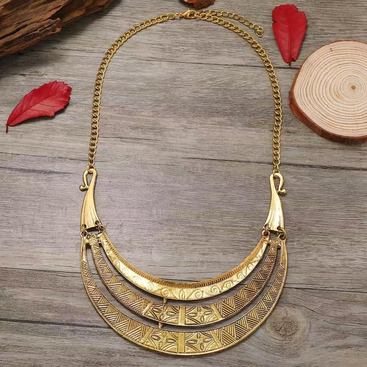 Vintage alloy patterned totem necklace, multi-layered metal necklace, collarbone