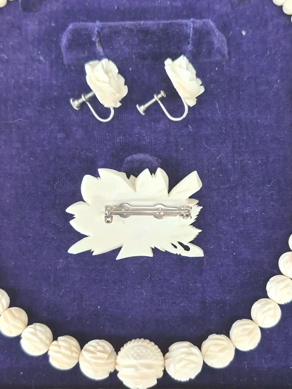 Vintage Japanese Hand-Carved Rose Jewelry Parure with Original Presentation Box