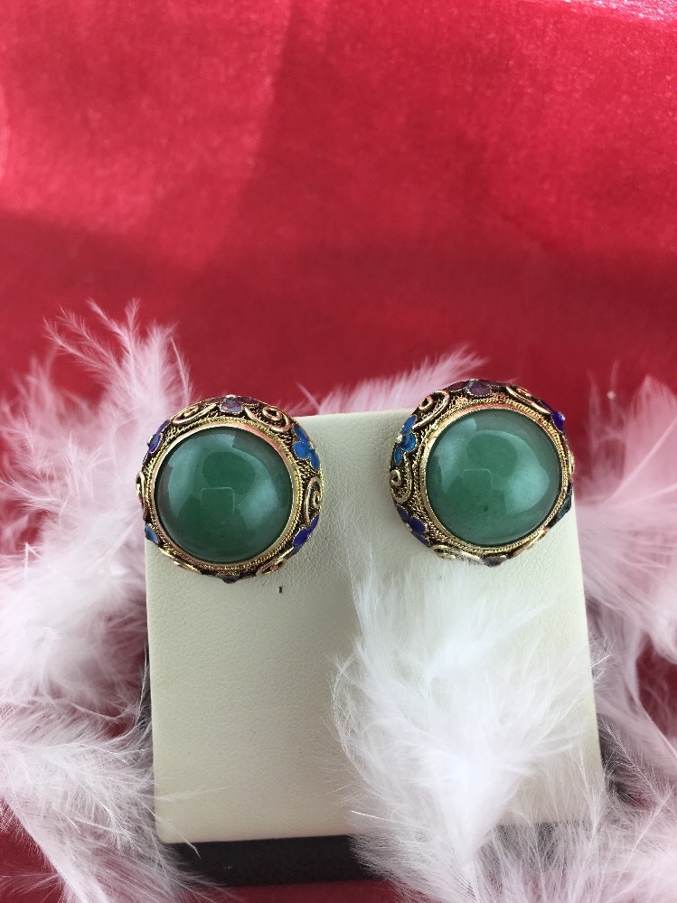 Vintage Chinese Jade Silver Filigree None Pierced Ears Earring With Enamels .