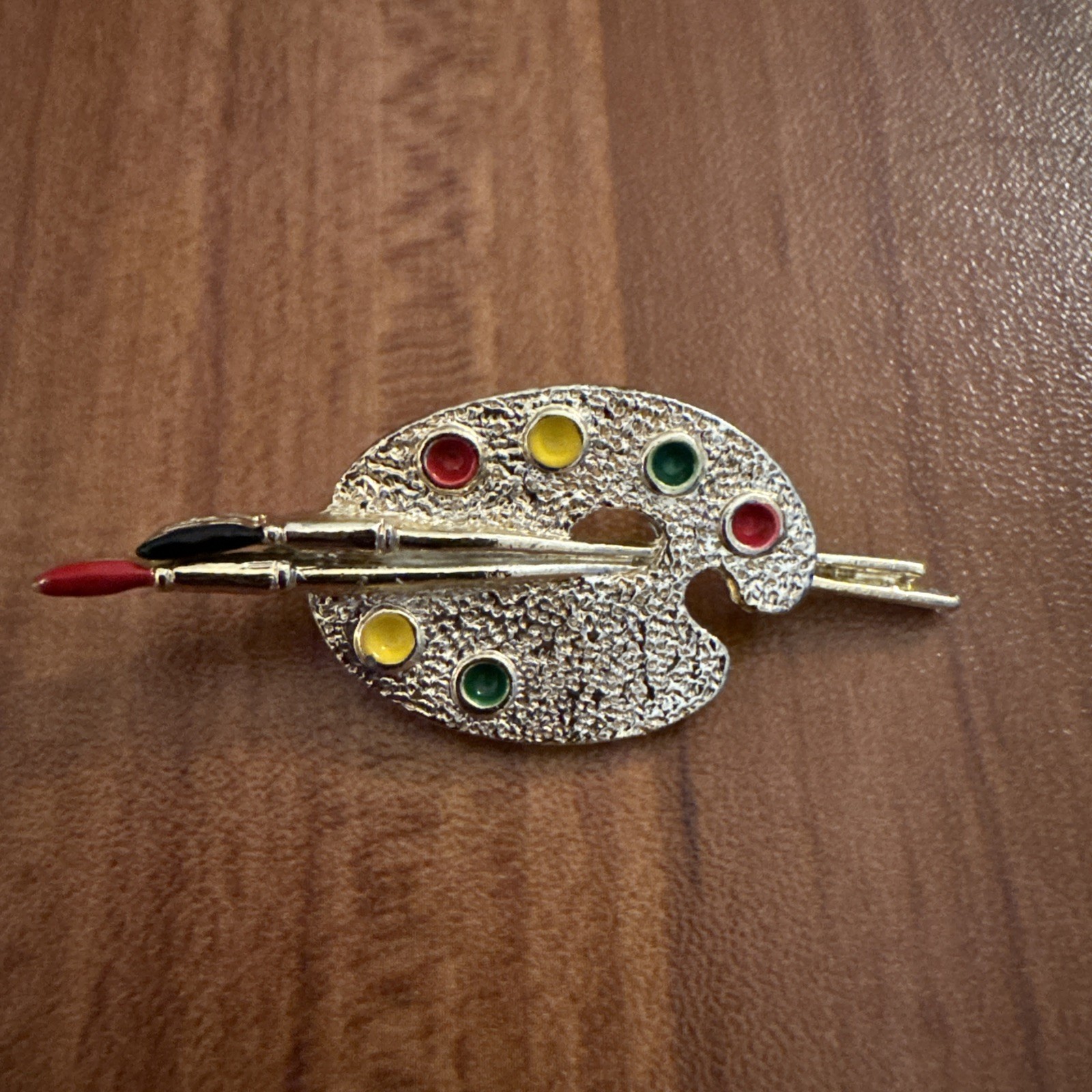 Gerry’s Signed Artist Palette And Brushes Brooch Silver Toned Colorful Painter