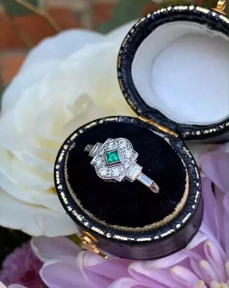 2.12Ct Art Deco Style Lab Created Emerald Anniversary 14K White Gold Finish Ring