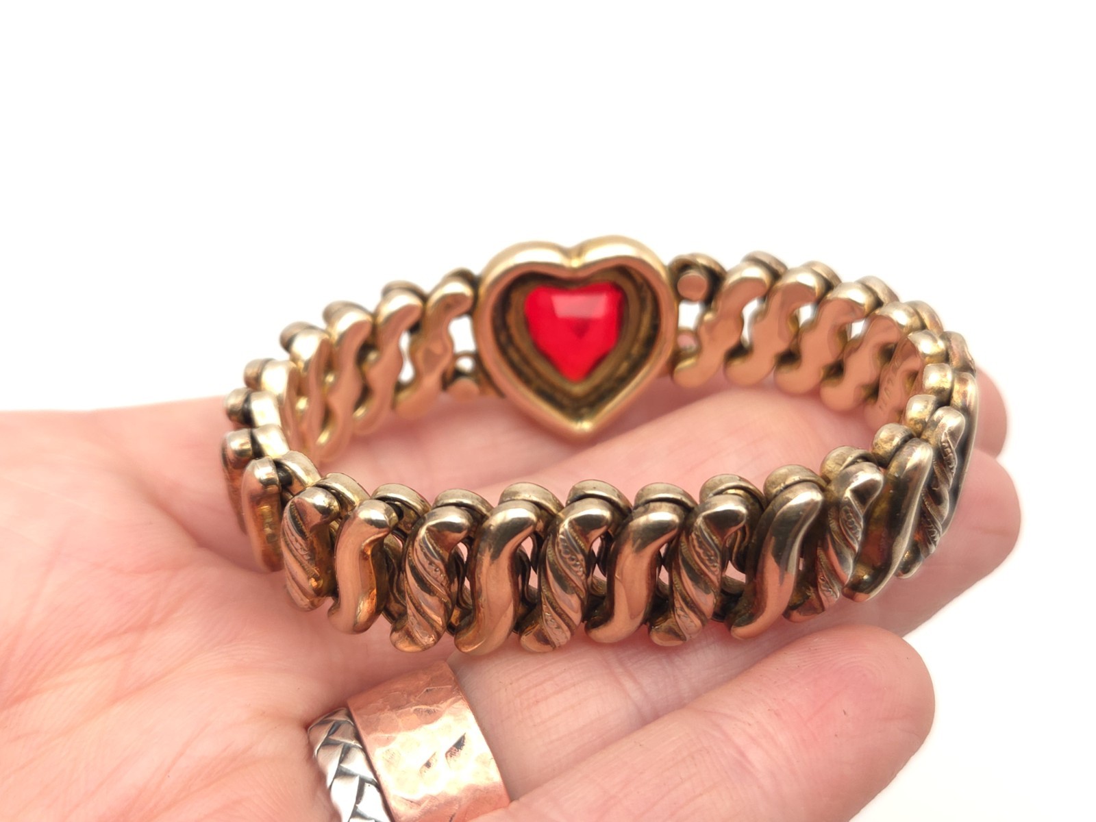 Vintage DFB Carmen Deluxe Gold Filled Sweetheart Red Glass Expansion Bracelet