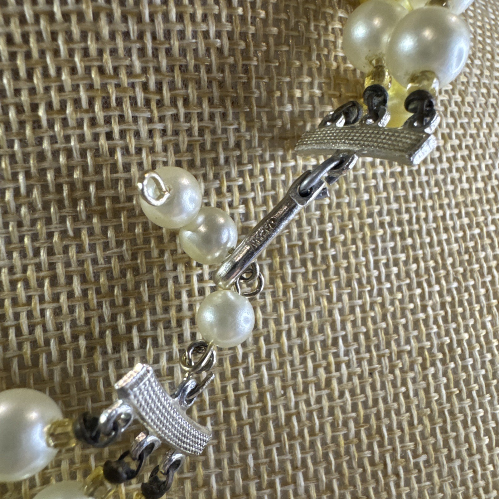 Vintage Signed Japan Triple Strand Yellow & White Beaded Costume Necklace