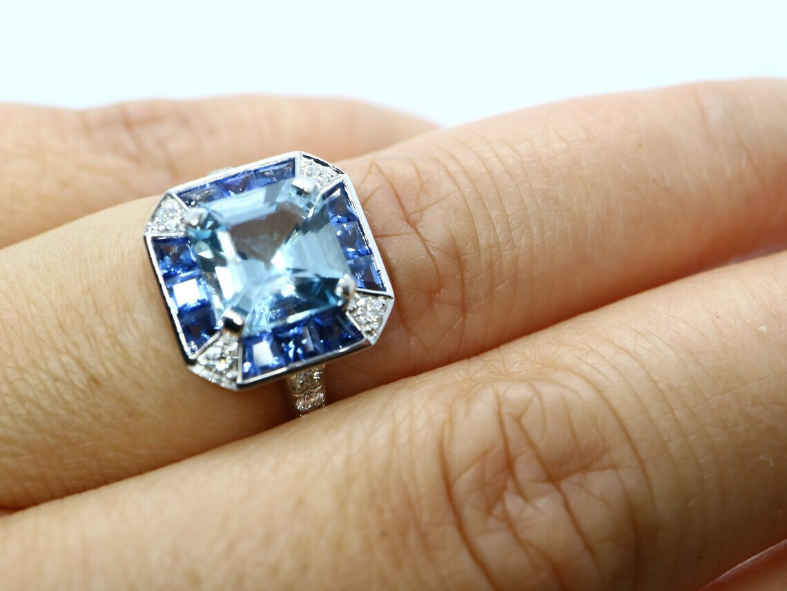 3Ctw Fancy Light Blue Asscher Cut Retro Style Engagement Wedding Ring 925 Silver