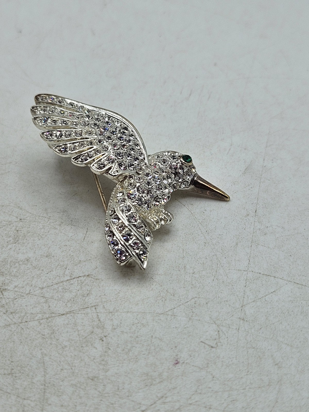 Vintage HummingBird In Flight Brooch Pin Silver Tone Rhinestones With Green Eye