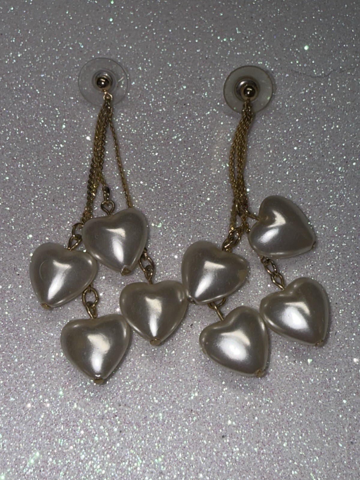 Vintage Four Heart Dangle Earrings Gold Tone Faux Pearl Pierced Post