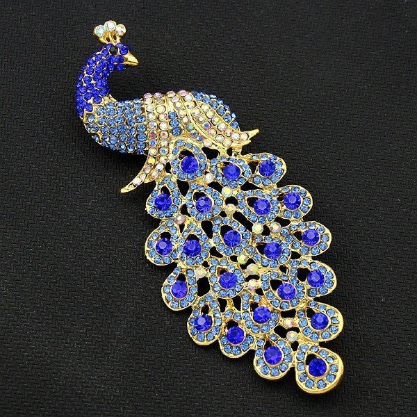 Vintage Blue Peacock Brooch Pin Crystal Rhinestone Bird Jewelry Gift Women Clear