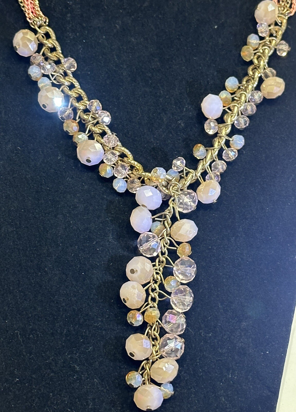 Rose & Pink Gold Tone Beaded Necklace – Vintage Costume Jewelry – Sparkly