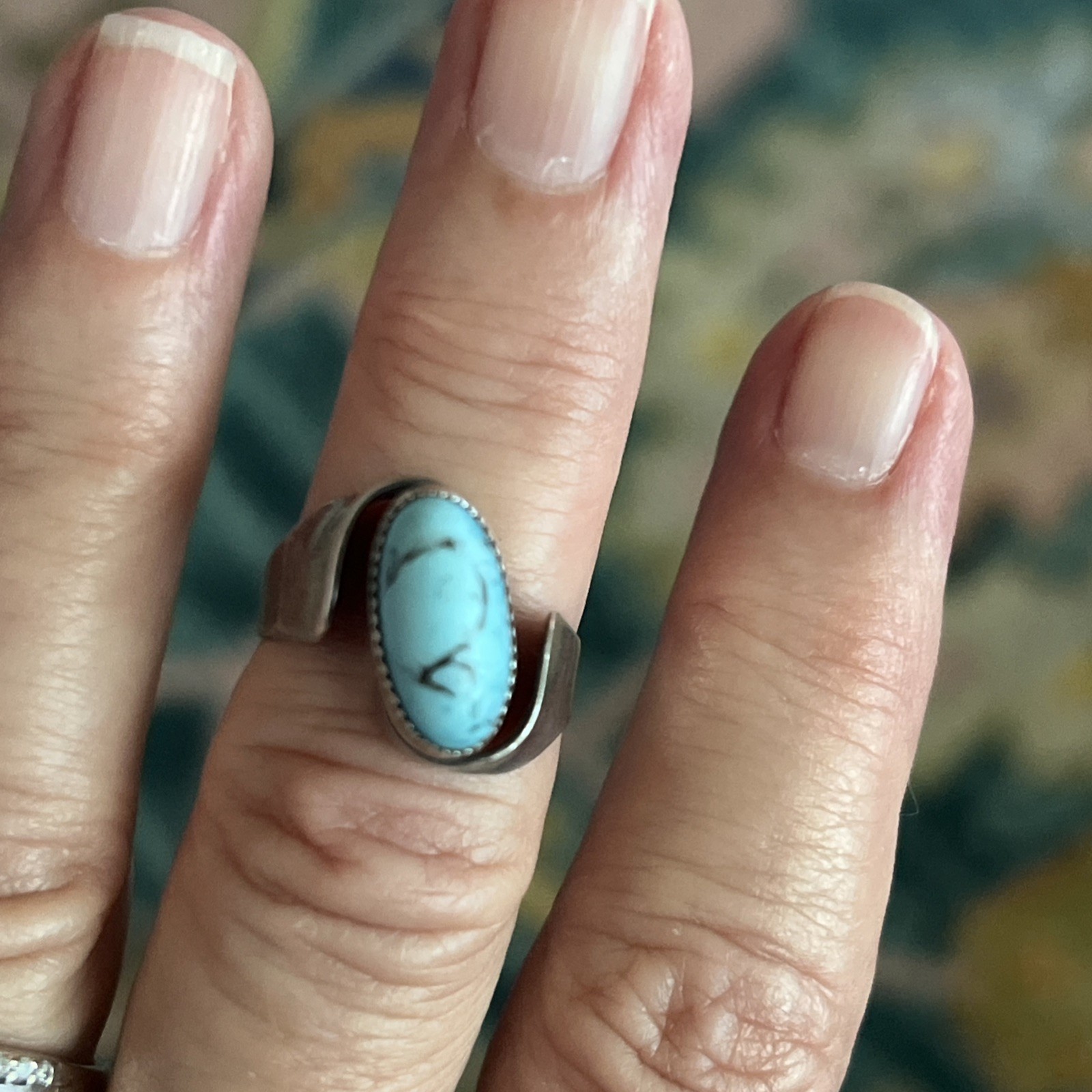 VTG Beau Sterling Silver Turquoise Ring Oval Stone Modernist Ring Sz 7.75