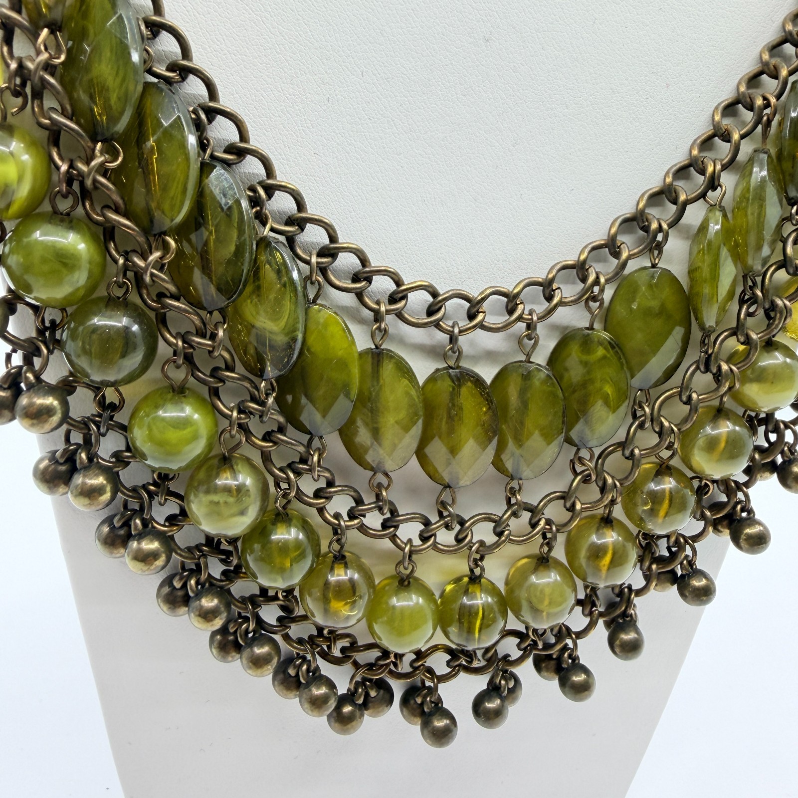 Vintage Bronze Tone Multi Strand Bib Necklace Chunky Statement Green Bead Boho
