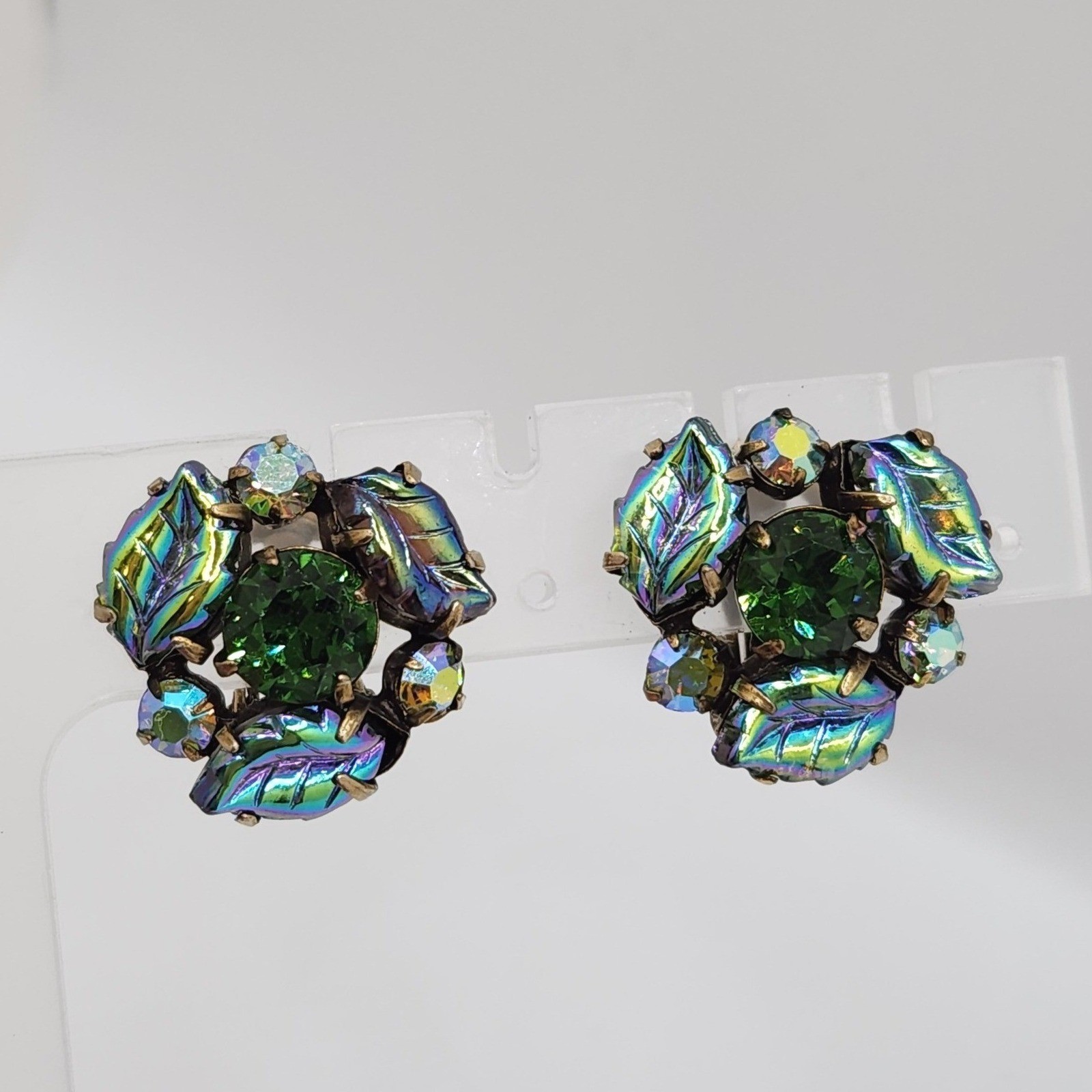 Vintage Regency Unsigned Green Rhinestone AB Molded Glass Leaf Clip On Earrings