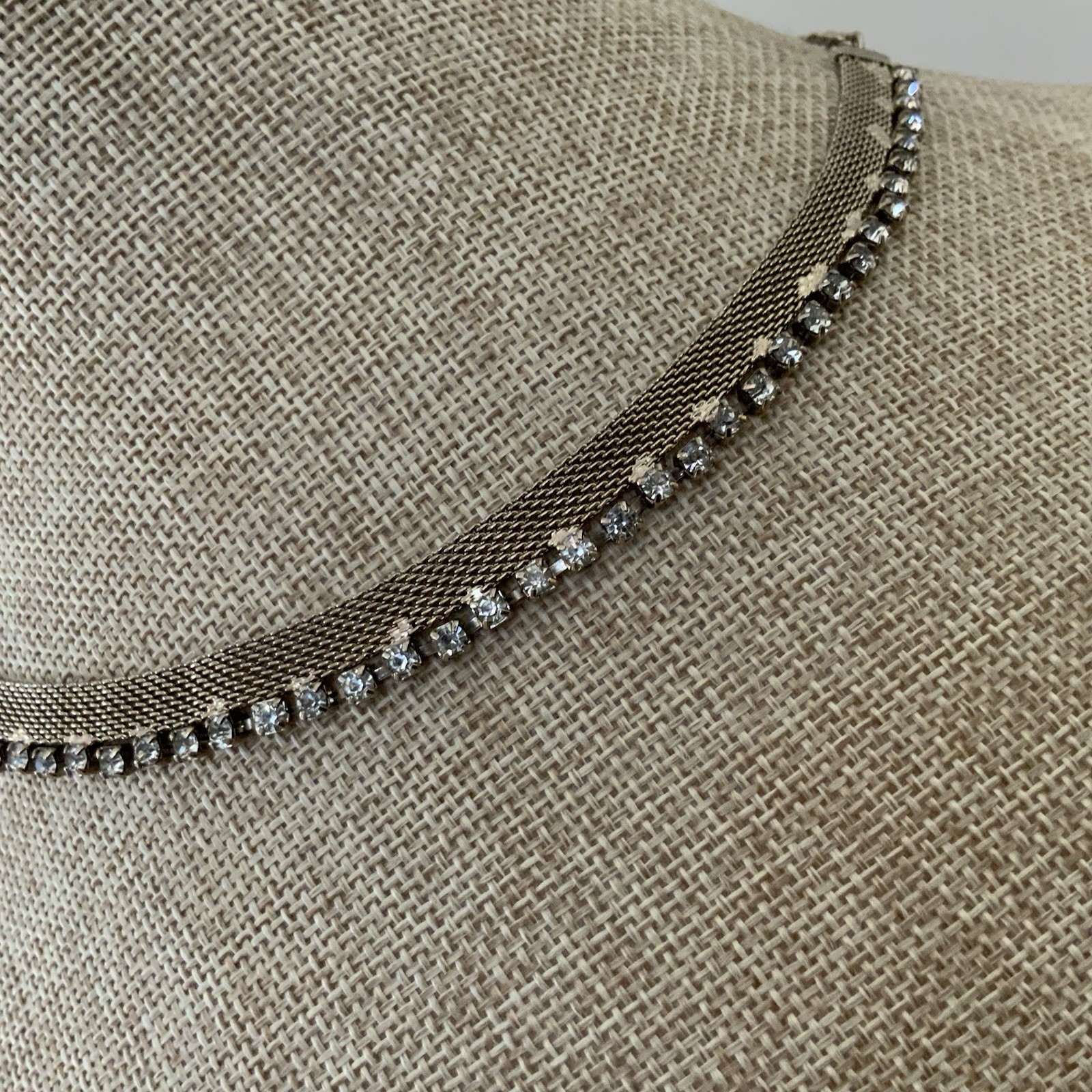 Vintage Rhinestone Mesh Choker Necklace Gold Tone Minimal Sparkle 50s