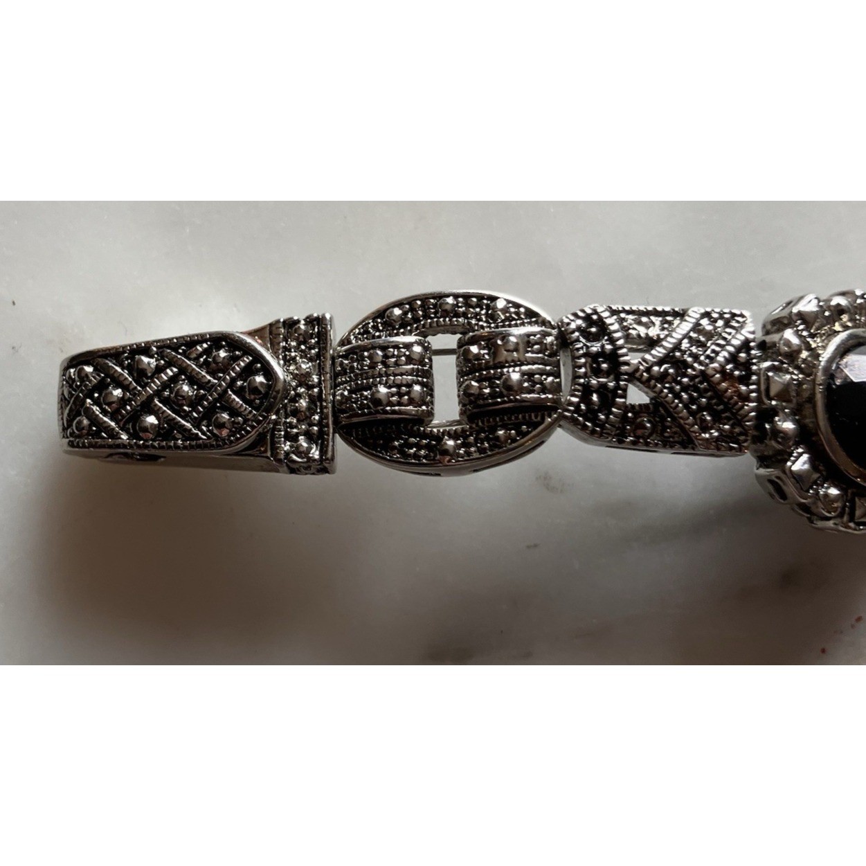 Vintage Silvertone Marcasite Black Stone 7.5″ Bracelet Sparkle EUC