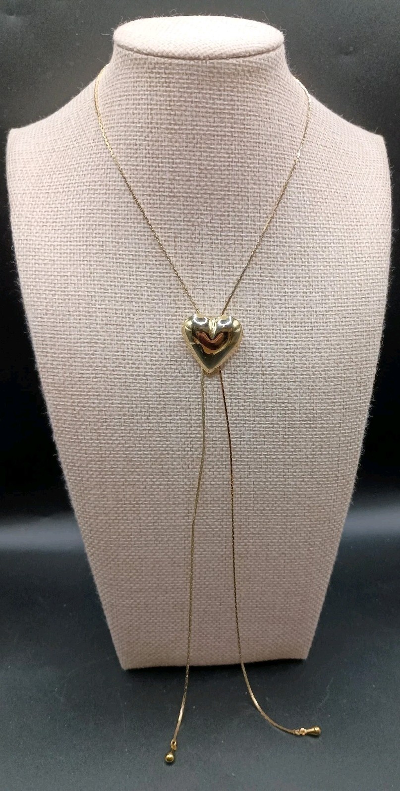 Vintage Heart Lariat Necklace Puffy Slide Pendant Gold Tone Bolo Tassel