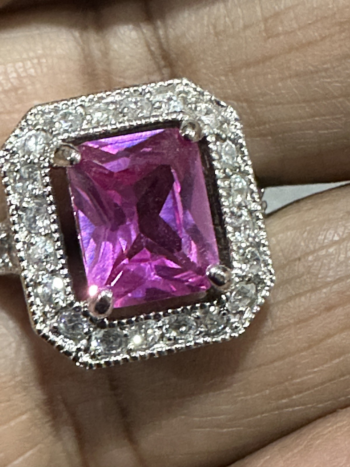 Pink Stone Halo Clear Rhinestone Statement Ring Silver Tone Sz 7.25