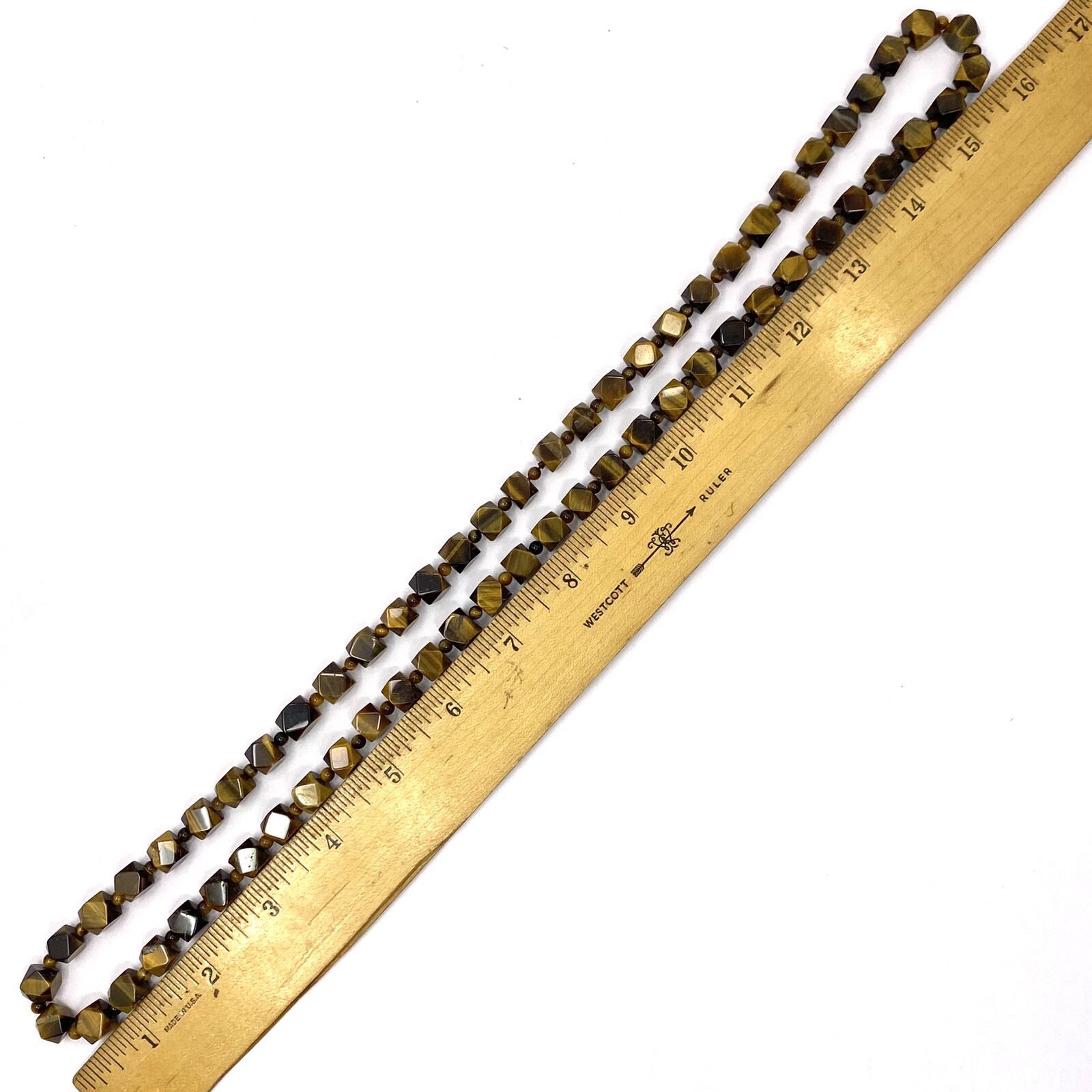 Vintage NATURAL Golden Brown TIGER EYE Necklace Geometric Cut Cube Beaded
