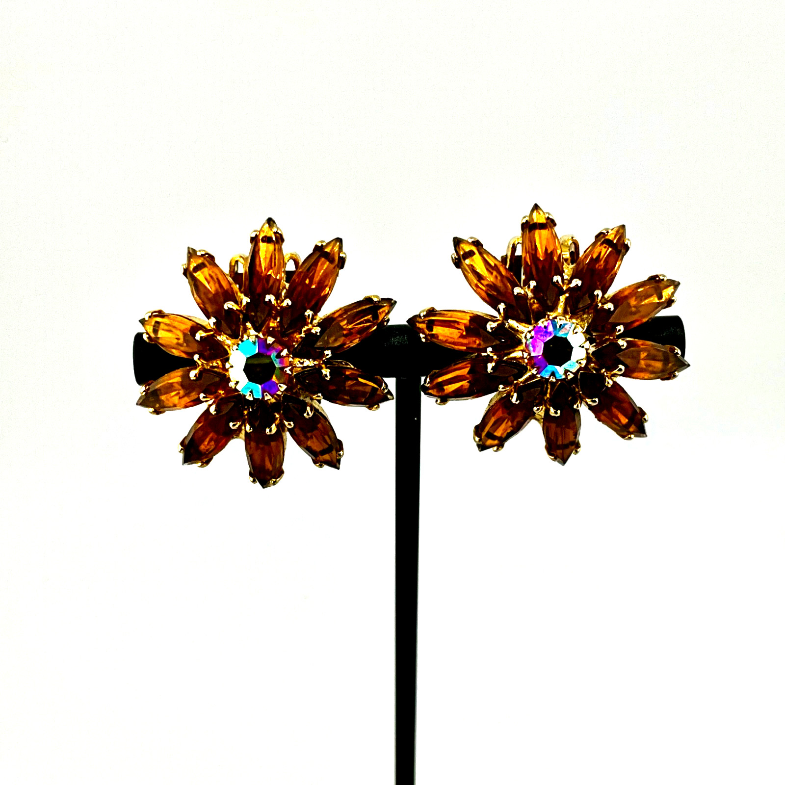 Vintage Mid Century Juliana Clip-On Earrings Navette Domed Amber AB Crystal