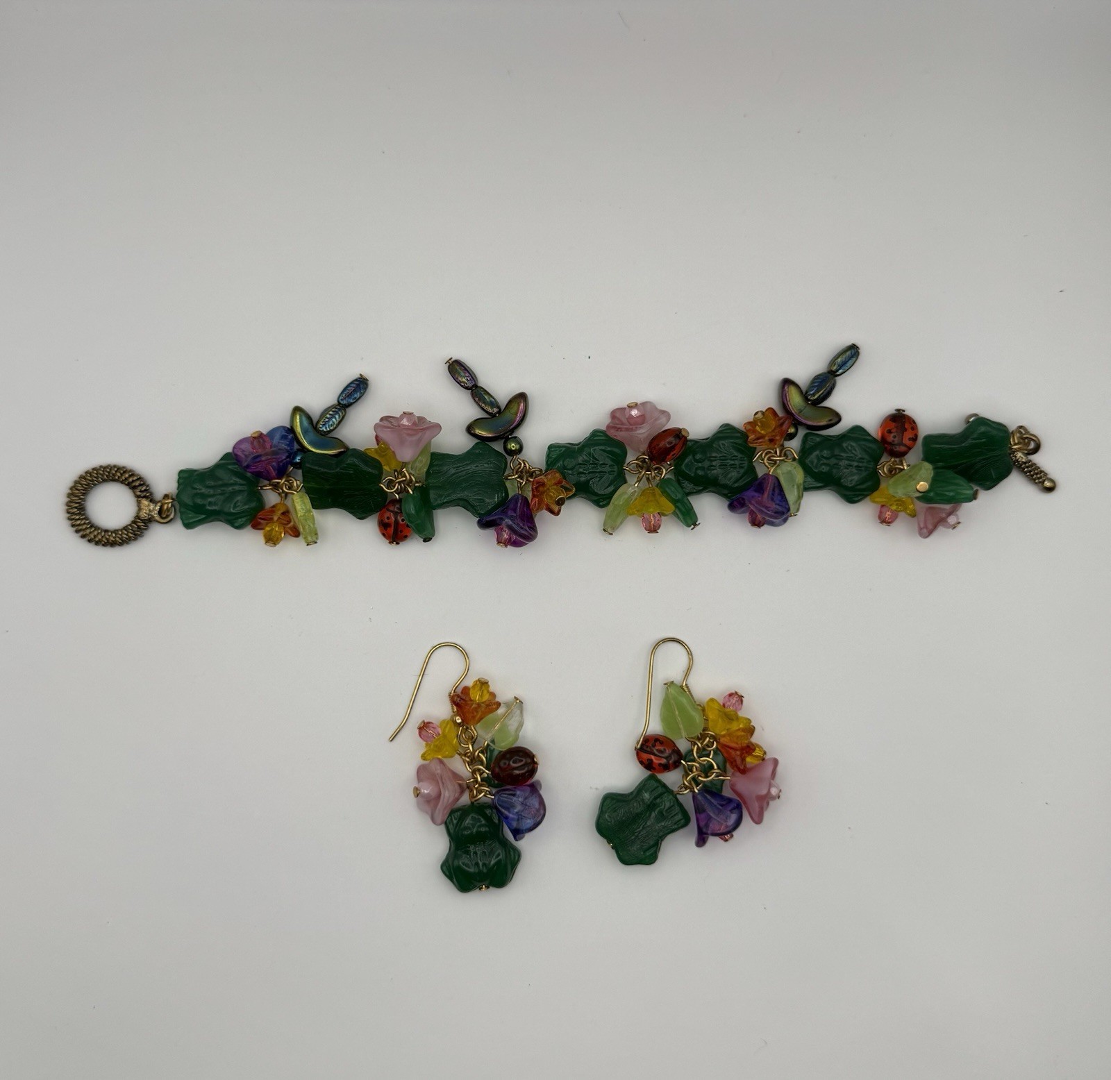 Vintage Multicolor Floral Glass Bead Toggle Bracelet 6” and Earring Set