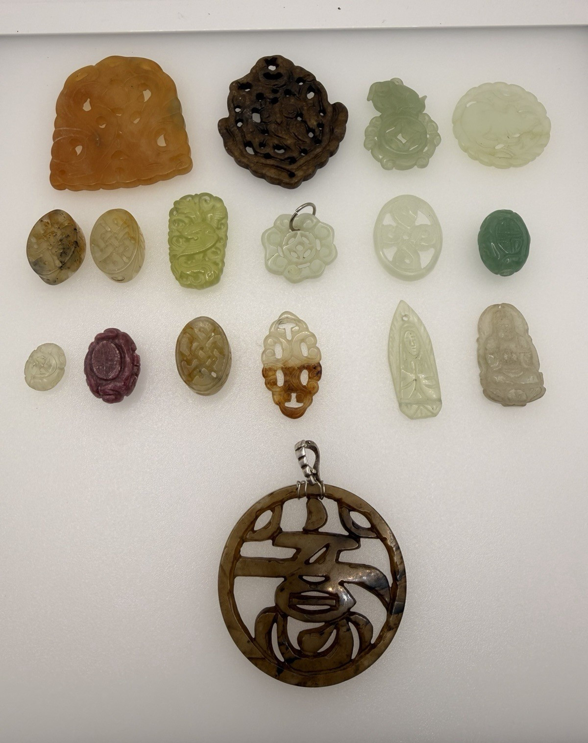 Lot of 17 Carved Semi Precious Stone Pendants Jade Agate Quartz Vintage Chinese