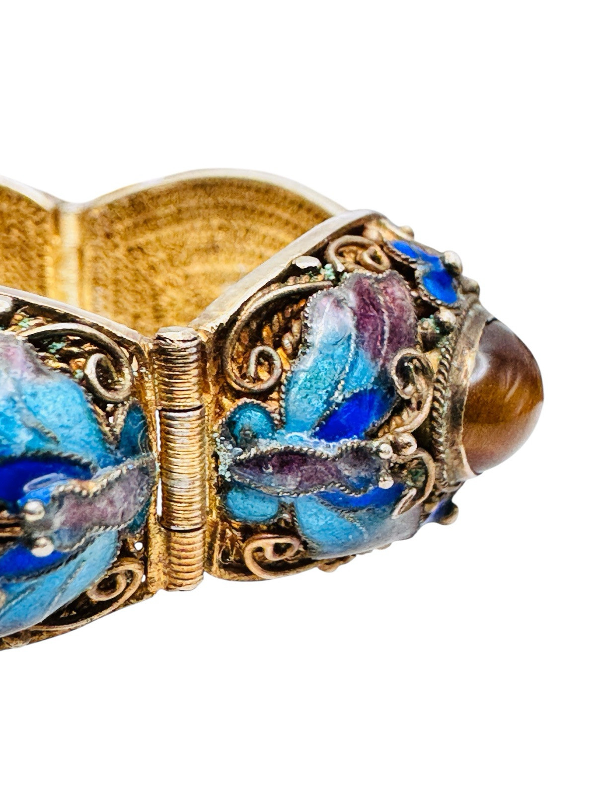 Vintage Chinese Export Gilt Silver Enamel Mesh Filigree Bracelet Tigers Eye Nice