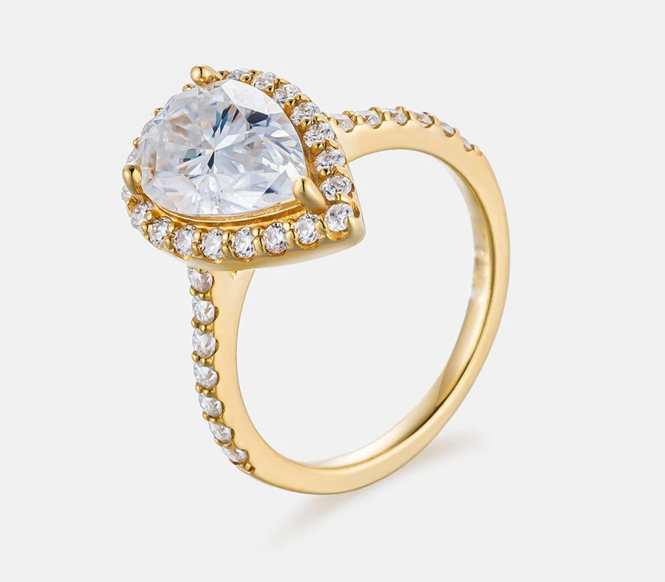 Pear & Round Cut 3.00TCW White Moissanite Women’s Halo Ring In 10K Yellow GoldFN