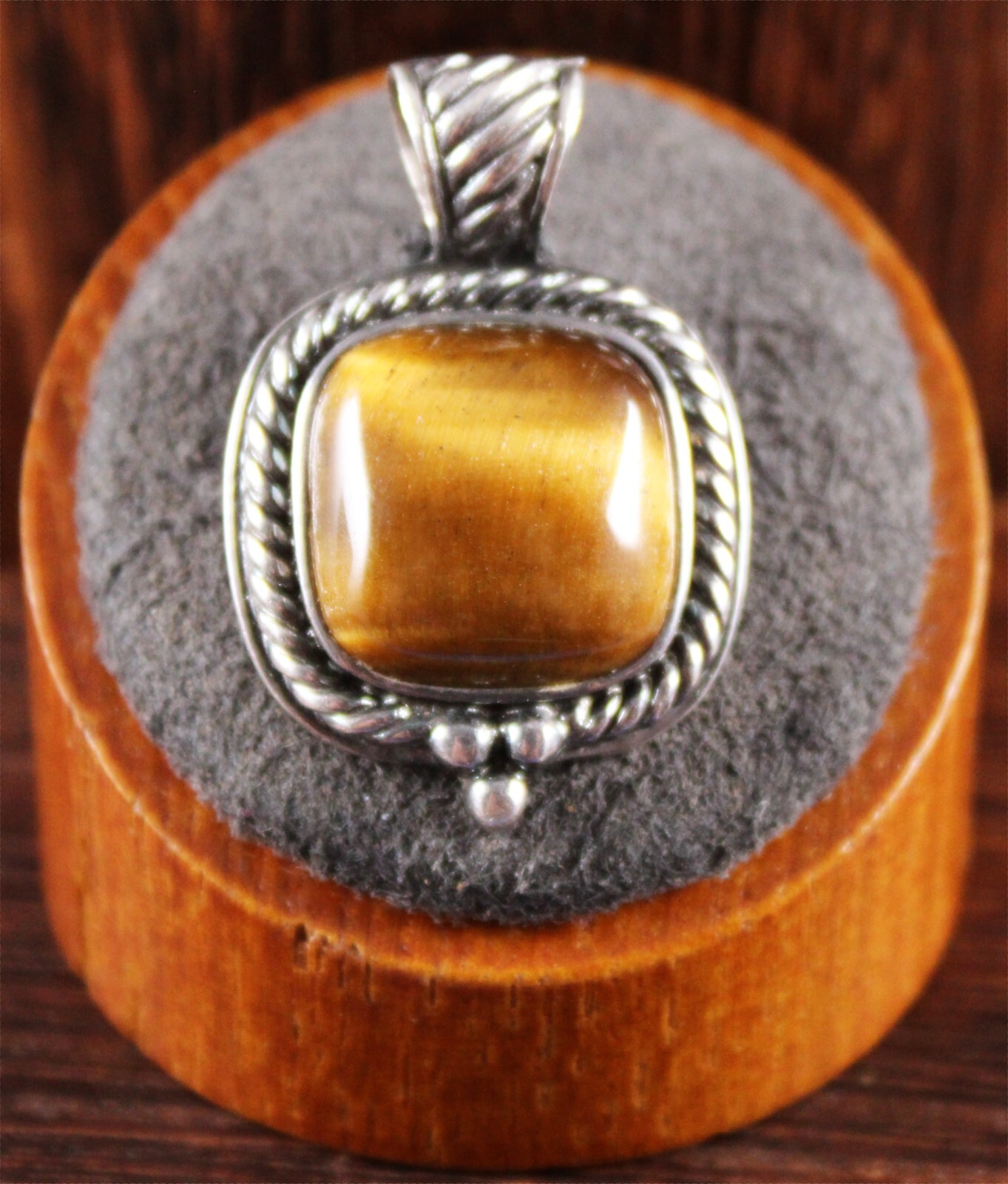 Southwestern Style Tiger’s Eye Beaded Rope Pendant Sterling Silver 1 3/8″ By GSJ