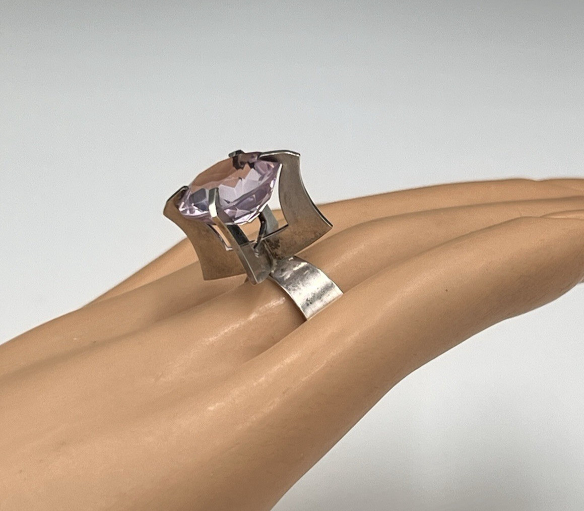 Vtg Svedboms Swedish Sterling Amethyst Ring, Modernist Sculptural, 8g, Sz 5.5