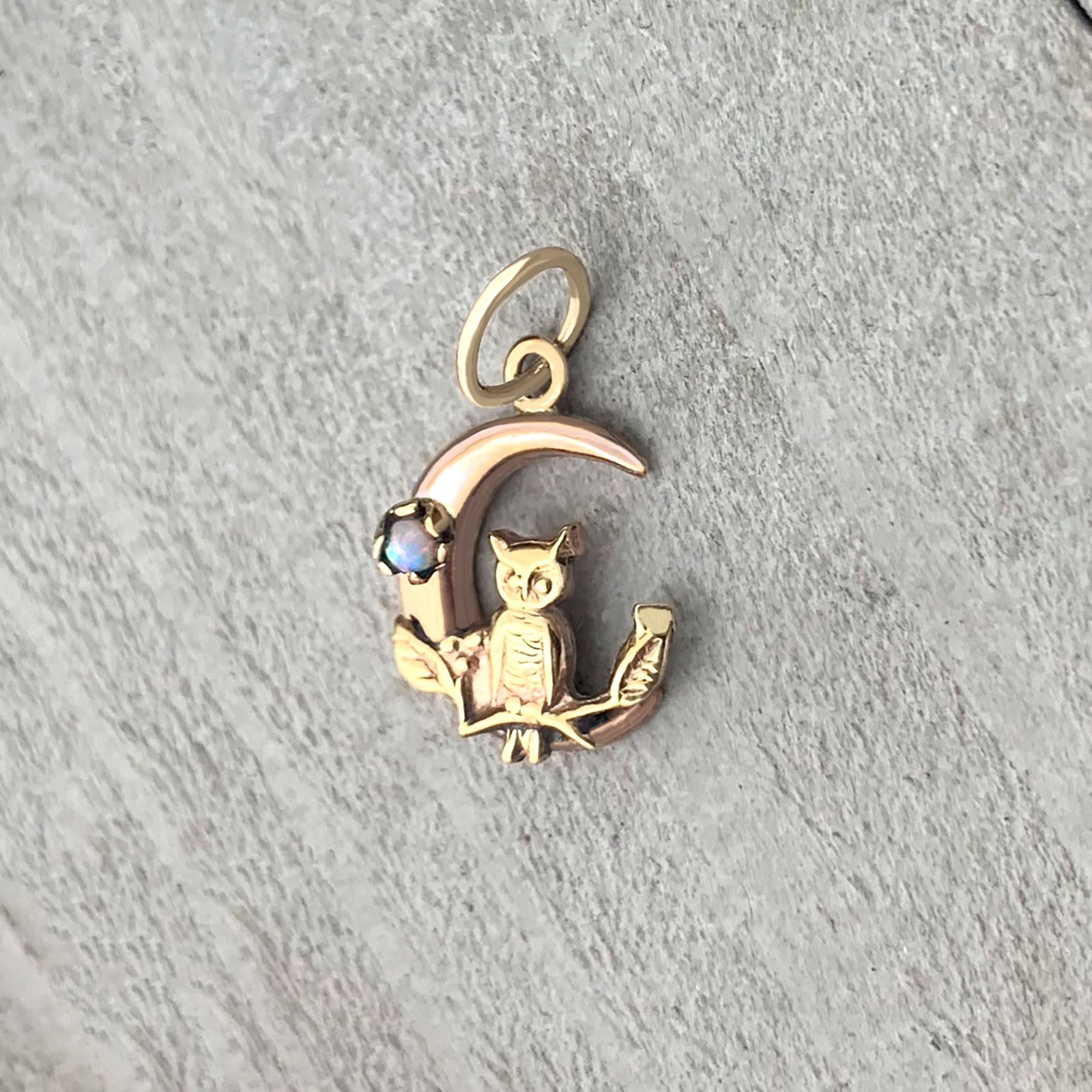 Victorian Owl and Opal Crescent Moon Pendant, Antique Gold Charm