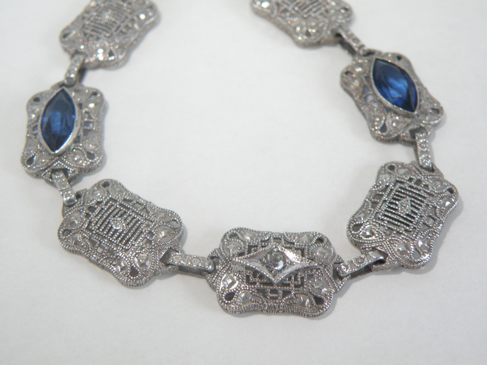 Art Deco Sterling Silver Sapphire Paste Filigree Station Antique Bracelet 7.5″