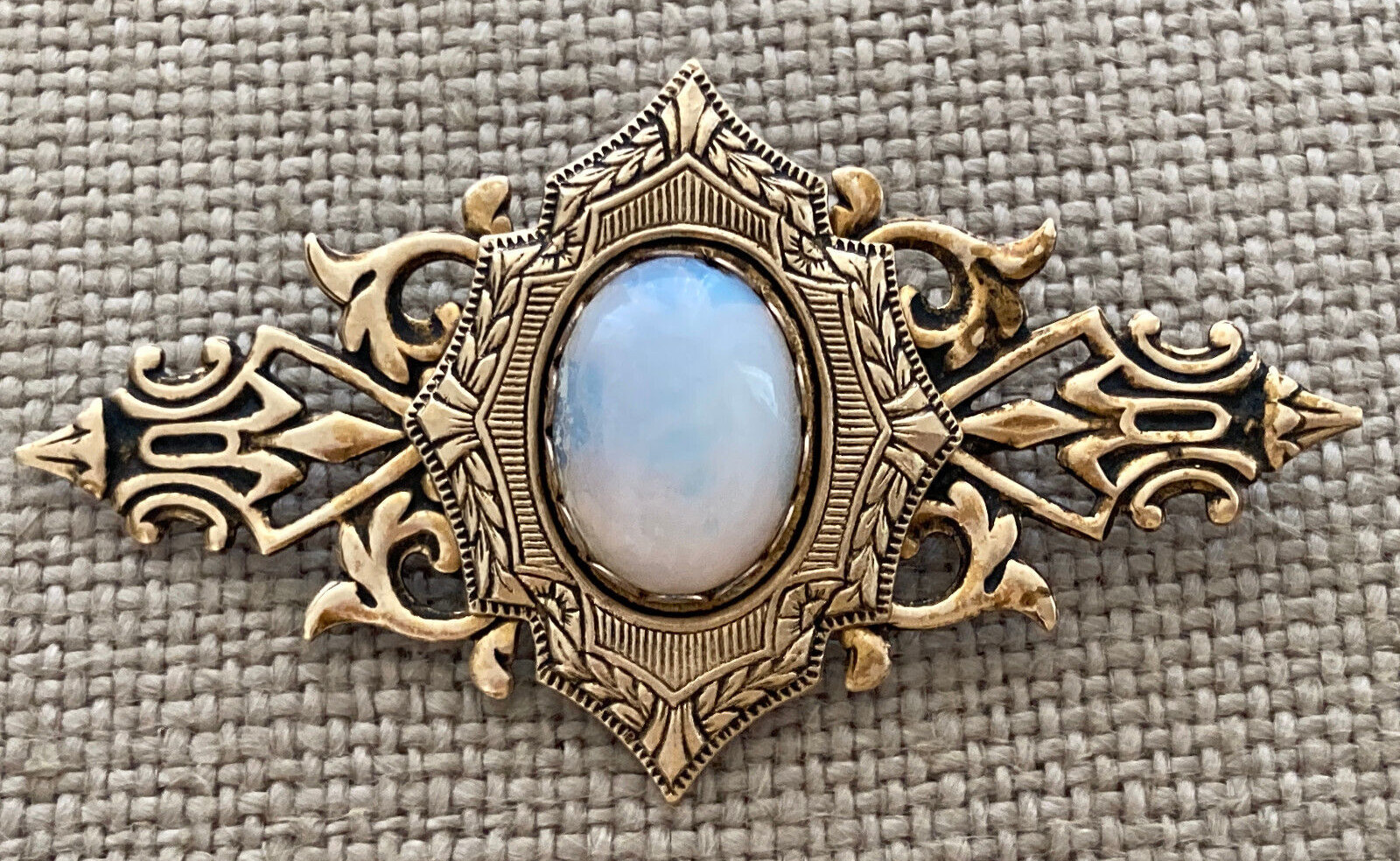 Brooch Brass Cabochon Mood Moon Stone Filigree Floral Shield Vintage 60s