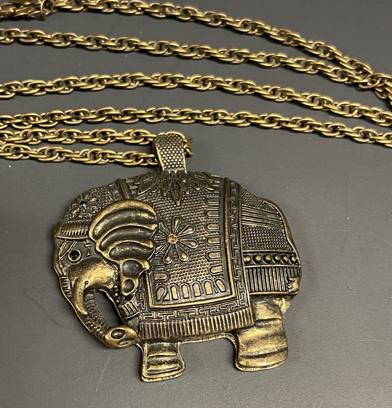 Large Elephant Pendant on Brass Tone Long Chain Vintage