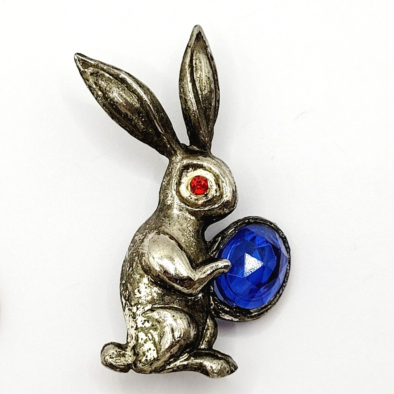 Rabbit Bunny Holding Blue Faceted Egg Silver Tone Vintage Brooch Pin Distressed
