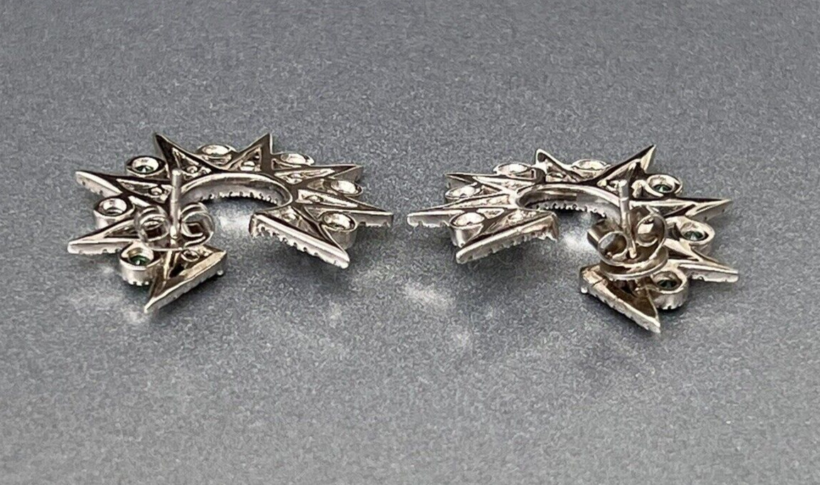 Vtg Sterling Star Point Statement Earrings, Emerald Green & Clear CZ Settings