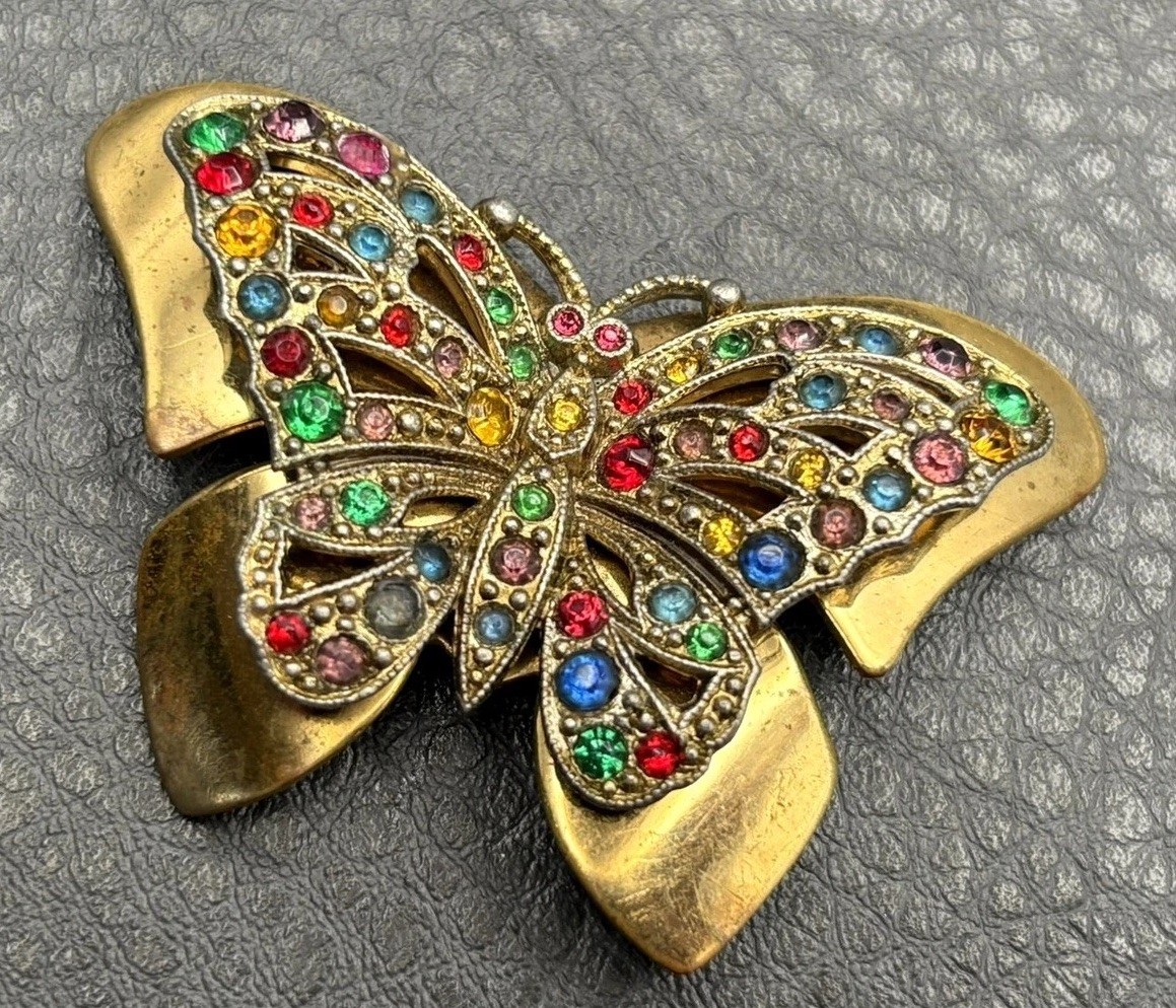 Vintage Gold Tone Butterfly Brooch Multicolor Crystal Rhinestone Pin Fruit Salad