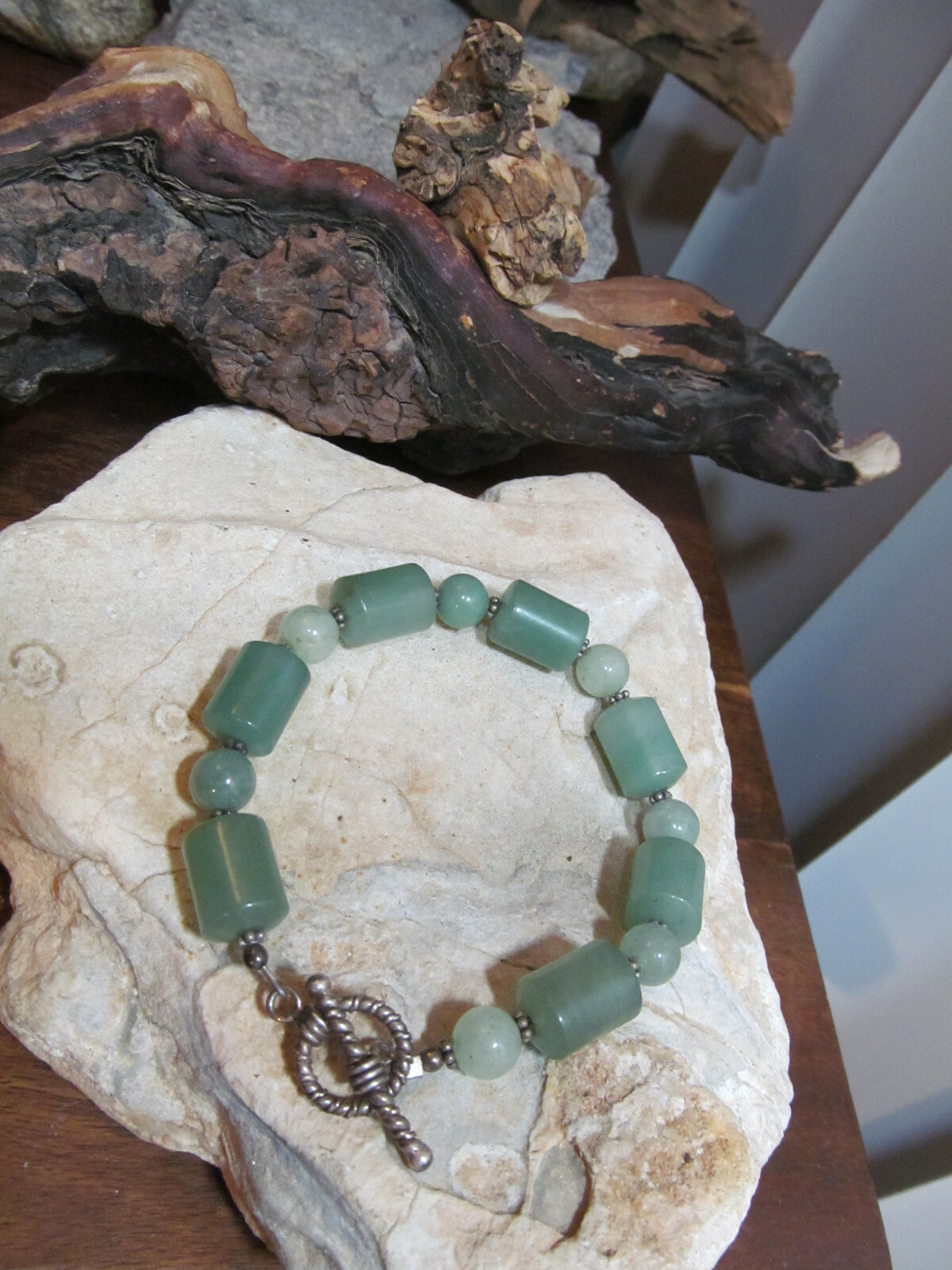 Vintage 925 Sterling Silver Green Stone Beaded Toggle Clasp Bracelet 30g