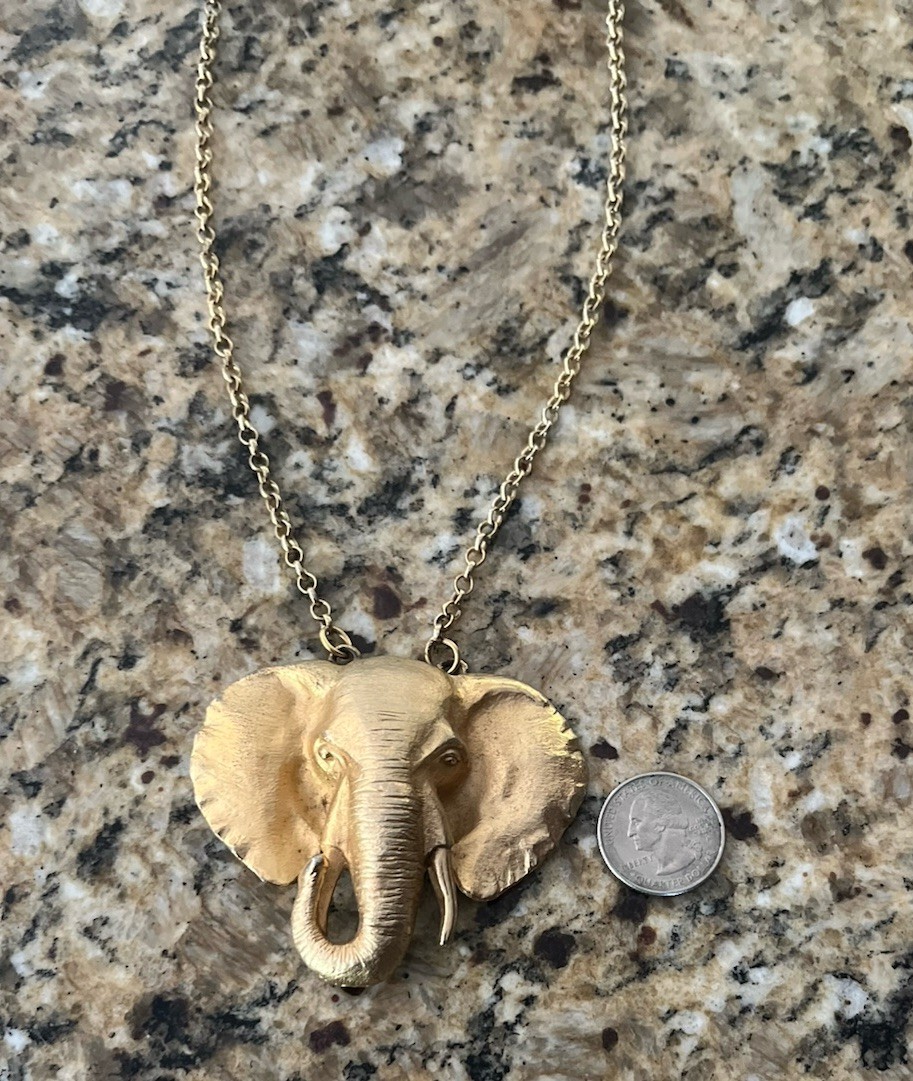 Vintage Signed Napier Large Gold Elephant Head Pendant Chain Link 24” Necklace