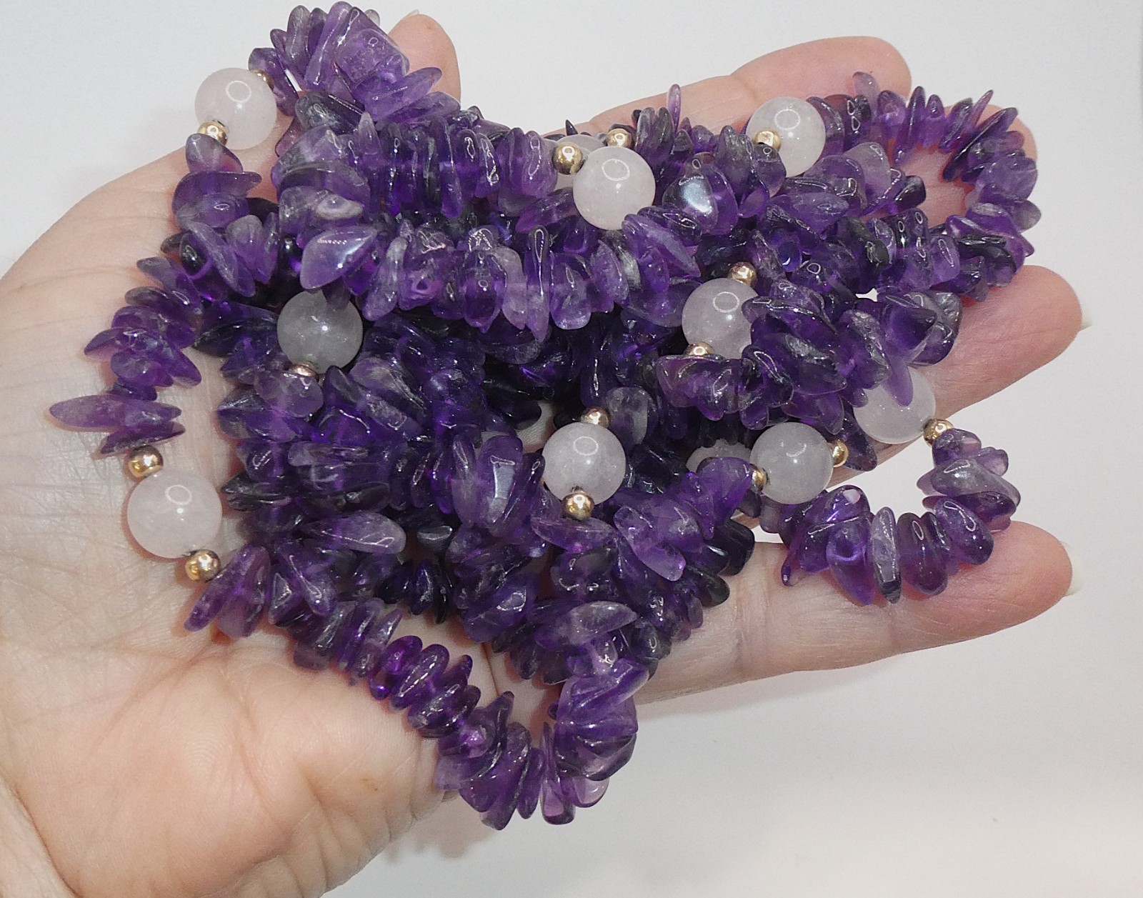 Amethyst Rose Quartz 10k Gold Spacer Beads 64” Opera Length Necklace Strand