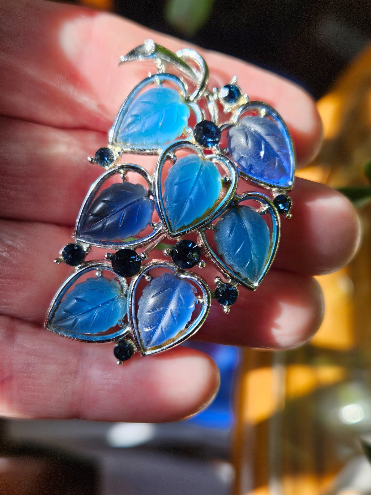 Vintage MCM Lisner Blue Leaf Lucite Rhinestone Brooch Pin Gift for Her STUNNING!