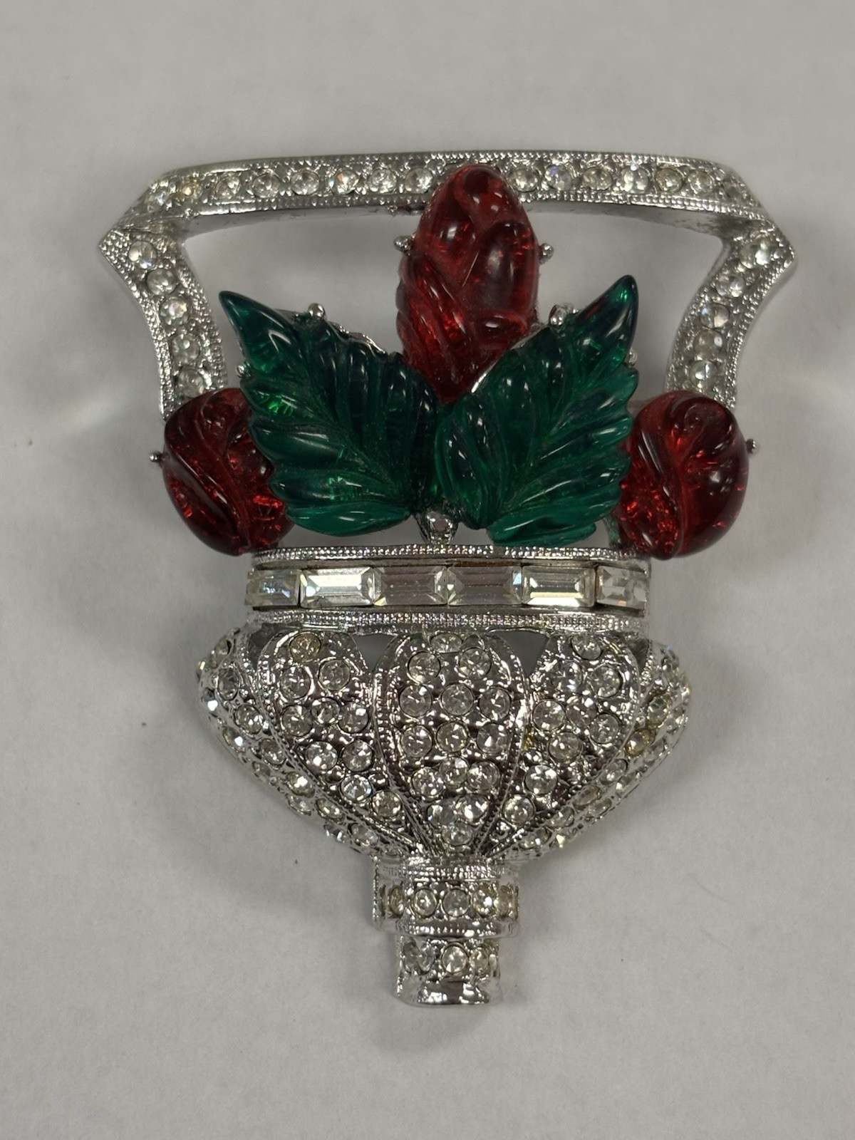RARE Signed ART DECO 89 Floral Basket Brooch Pin Rhinestone Resin UNWORN HTF