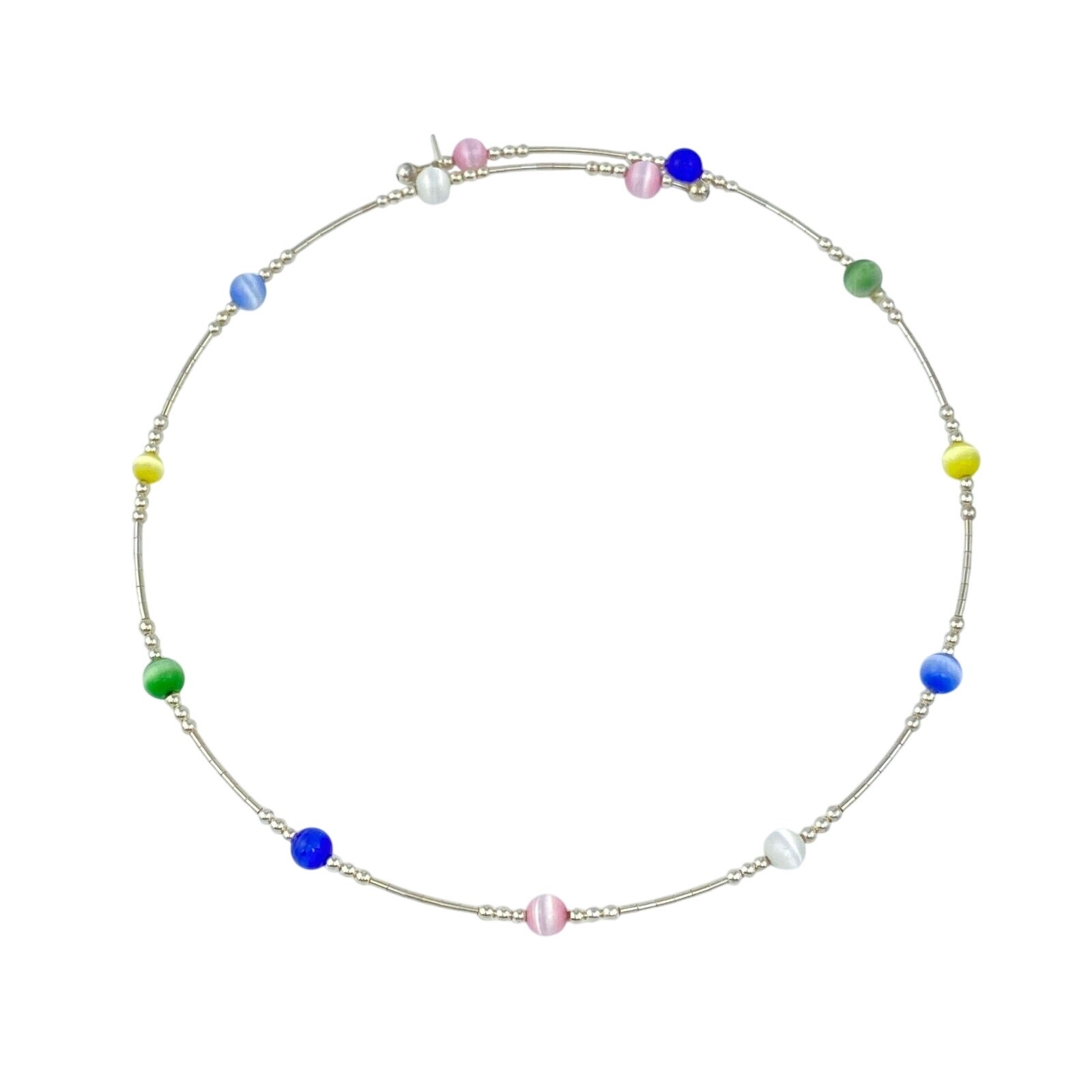 Memory Wire Multicolor Cat’s Eye Choker Necklace | Sterling Silver 925 | 15.5″