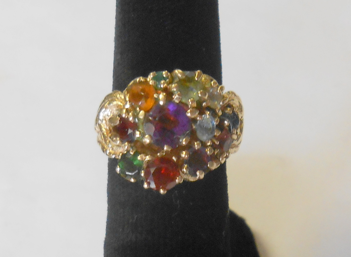 Fruit Salad 14K Gold Multi Stone Ring Diamond Sapphire Topaz Garnet Amethyst