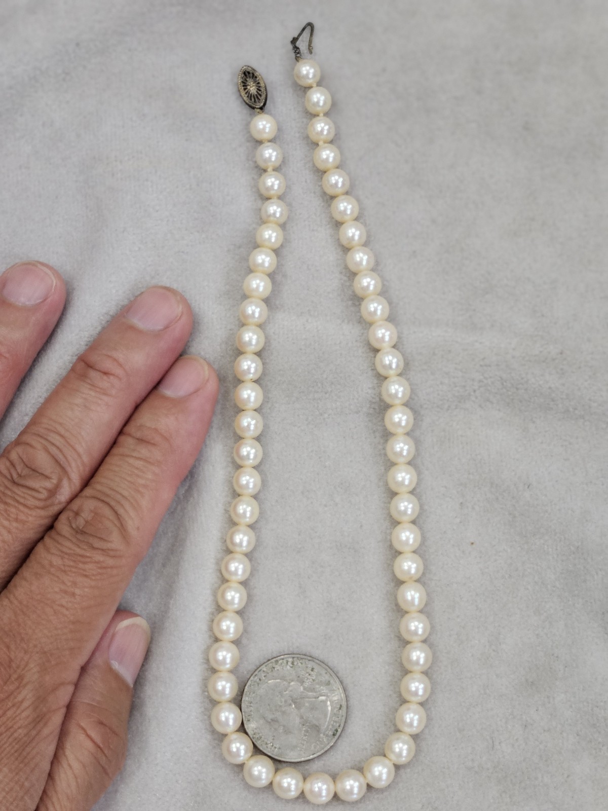 15” Japanese Cultured Akoya Pearl Necklace 14k White Gold clasp 6.4mm Stamp M