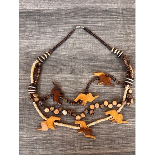 Vintage 70s Wooden Elephant Necklace Multi Strand Coconut Shell Bead Boho Brown