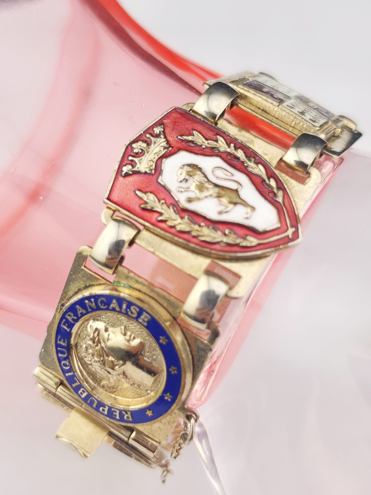 Vintage French Souvenir Bracelet 7″ Colorful Heraldic Cloisonne Enamel Panels