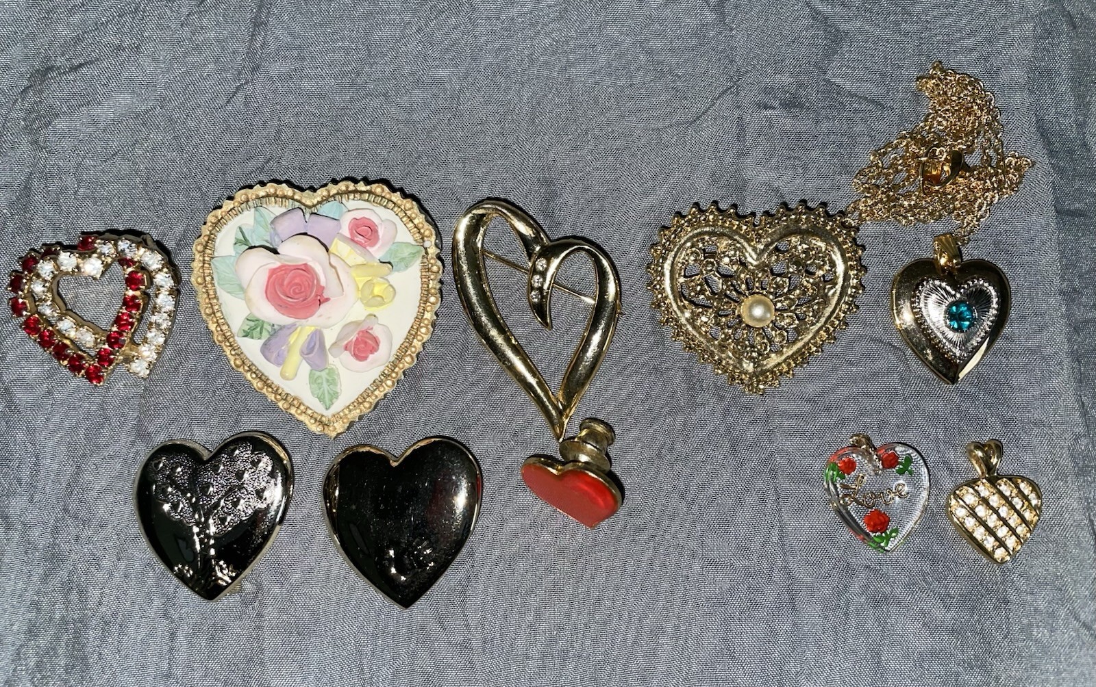 Heart Fashion Jewelry Lot of (10) Pins Brooch Pendants Locket Avon Variety Club