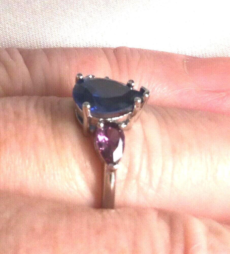 Jewellery Pear Cut Blue Sapphire and Amethysts Engagement Ring White Gold Finish